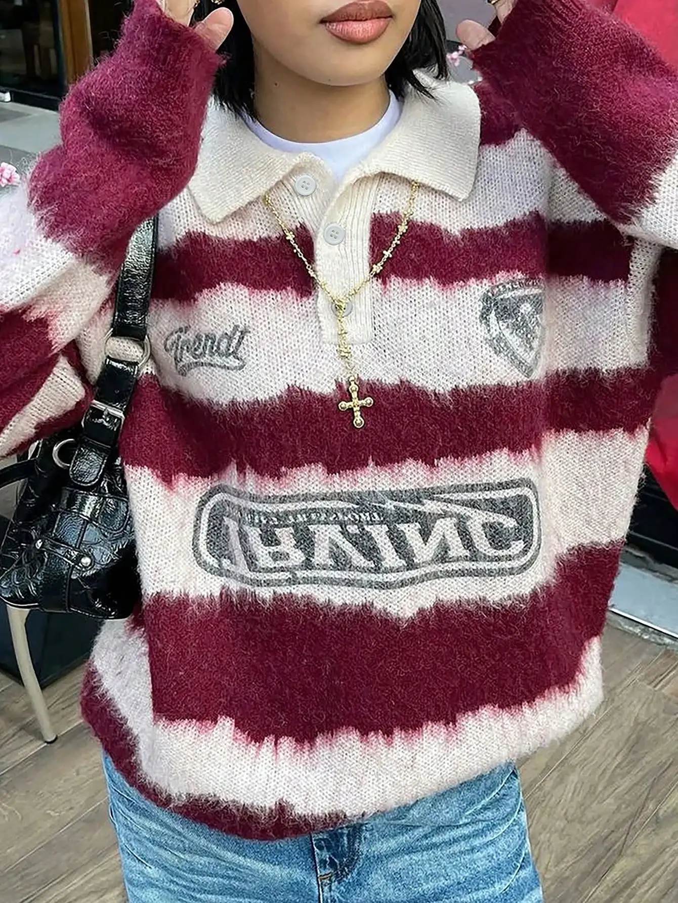 

Женский свободный вязаный свитер-поло в полоску с вышитым логотипом, с длинным рукавом, повседневный топ для осени и зимы