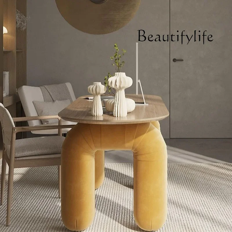 A Light Luxury Medieval Wabi Wind Fiberglass Steel Dining Table Villa Model House Creative Solid Wood Walnut Dining Table