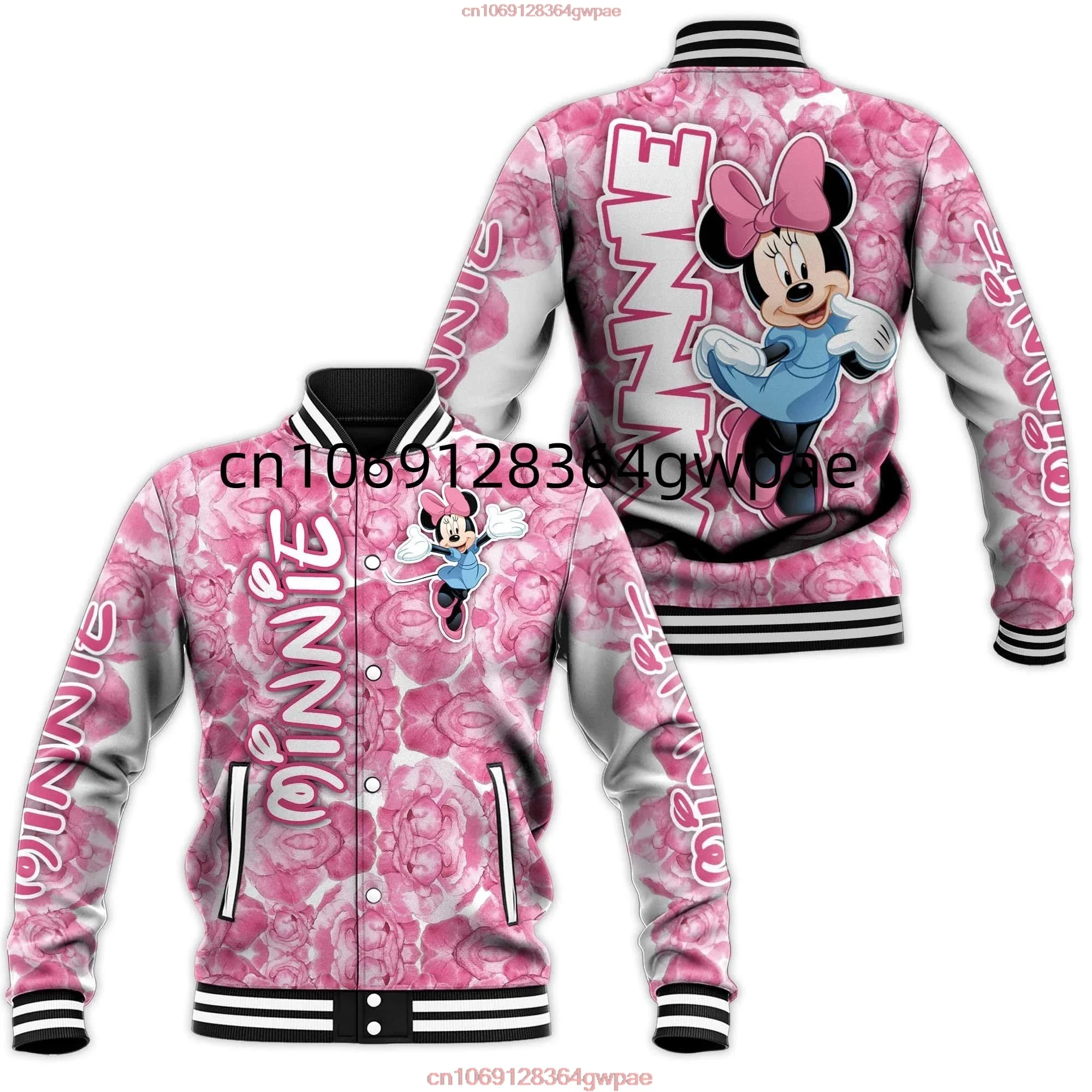 Disney Minnie Mouse Baseball Jacket Women's Casual Sweatshirt Hip Hop Harajuku Jacket Streetwear Loose Varsity Coat Hoodie