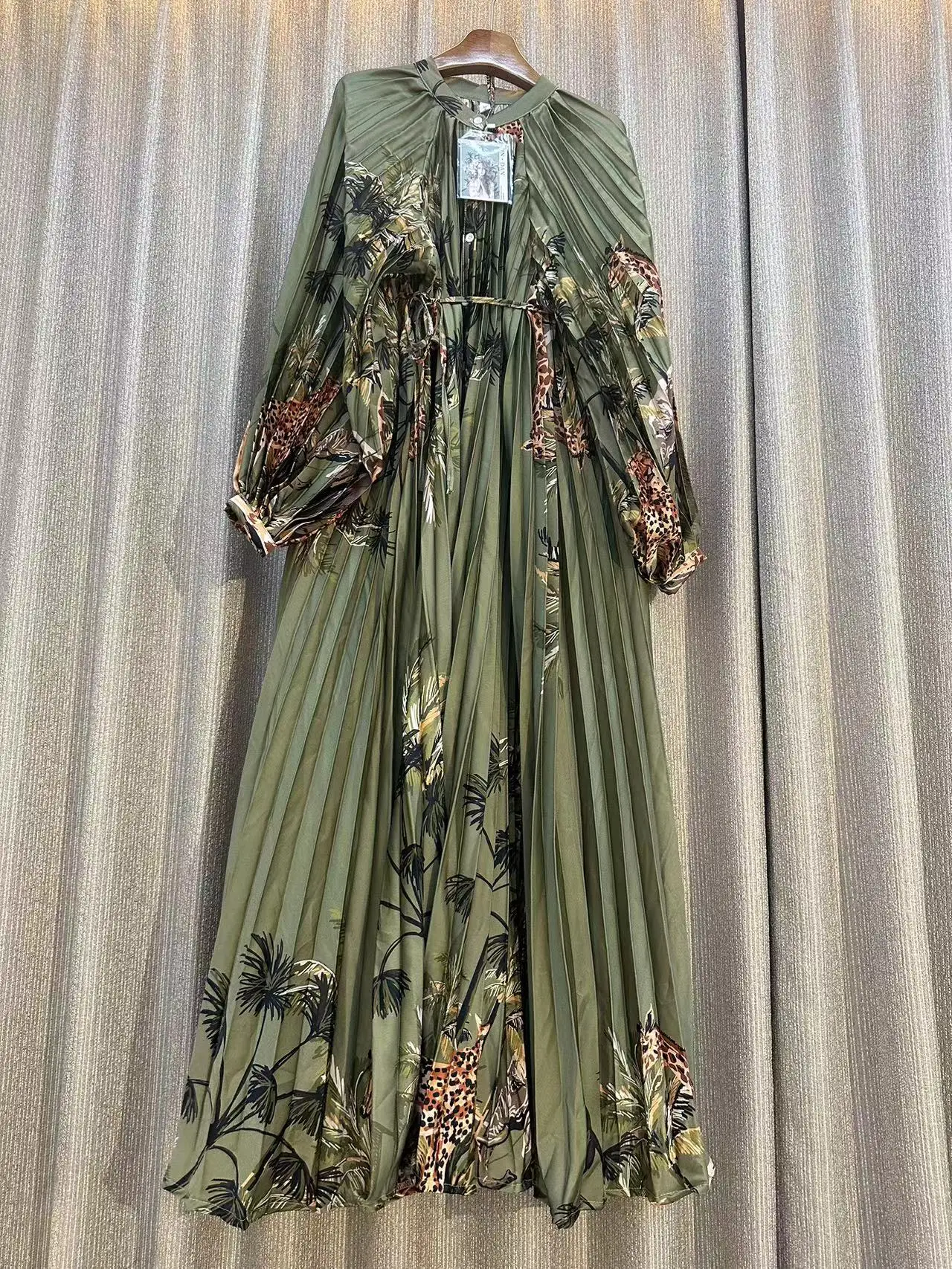 New Autumn Pleated Fashion Flower Print Holiday Maxi Dress For Women Round Collar Lantern Sleeve Party Long Clothes Vestidos