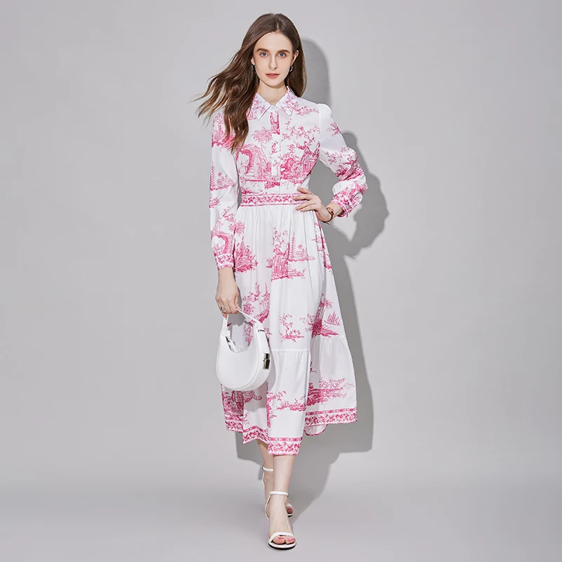 Ele Vintage Print Long Sve Dr Slimming Godd Sle Faion da donna Nuovo arrivo Cotone Dolce Estate Midi Dr