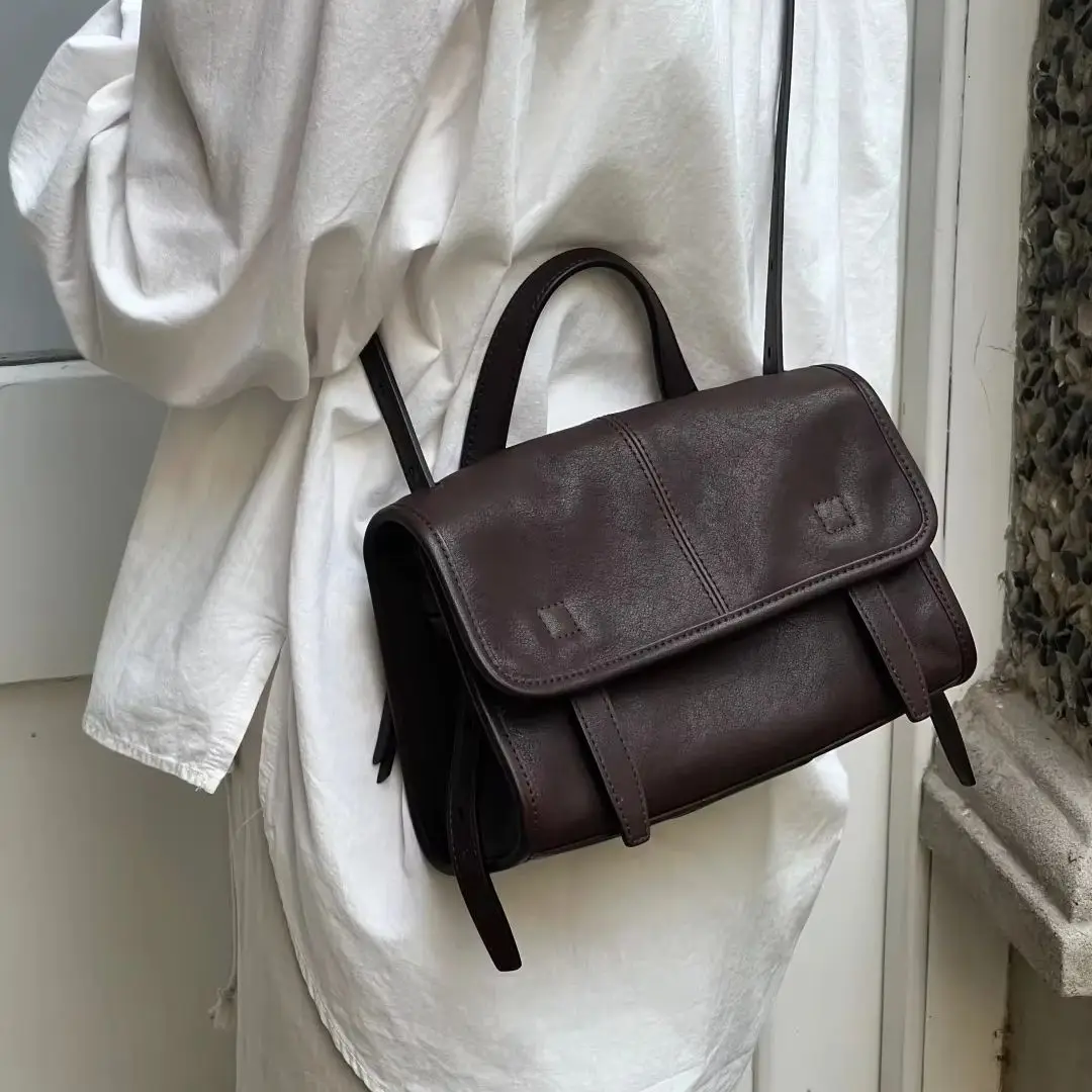 Bolso Bandolera de Cuero Curtido Vegetalmente, Estilo Vintage, Versátil, de un Solo Hombro, para Mujer, para el Trabajo