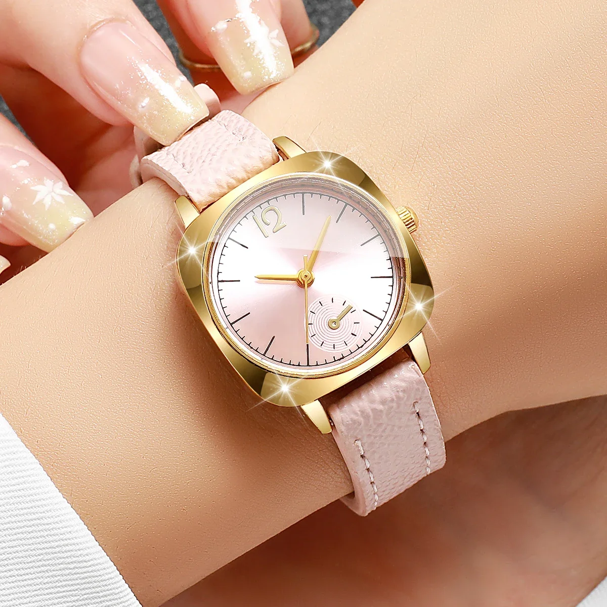 Luxury Square Dial Ladies Quartz Watch Simple Pink Leather Strap Dress Wristwatch Clock Gift, Relogio Feminino (Without Box)
