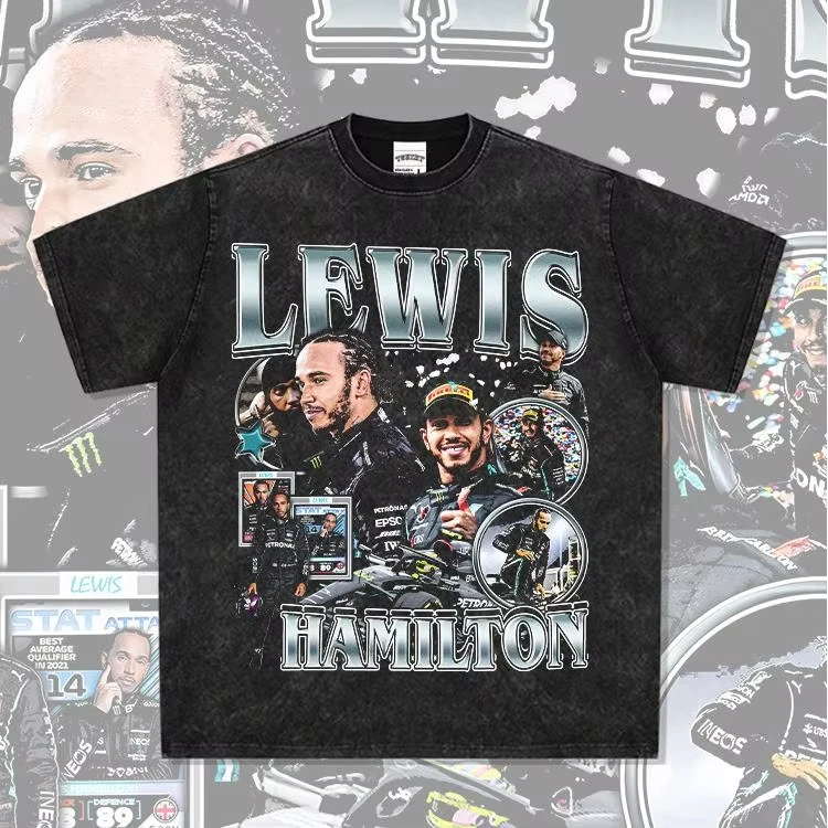 2025 Hamilton Lewis American F1 Vintage Print Tide Washed Cotton Heavy Short Sleeve T-shirt High Quality    - view 3