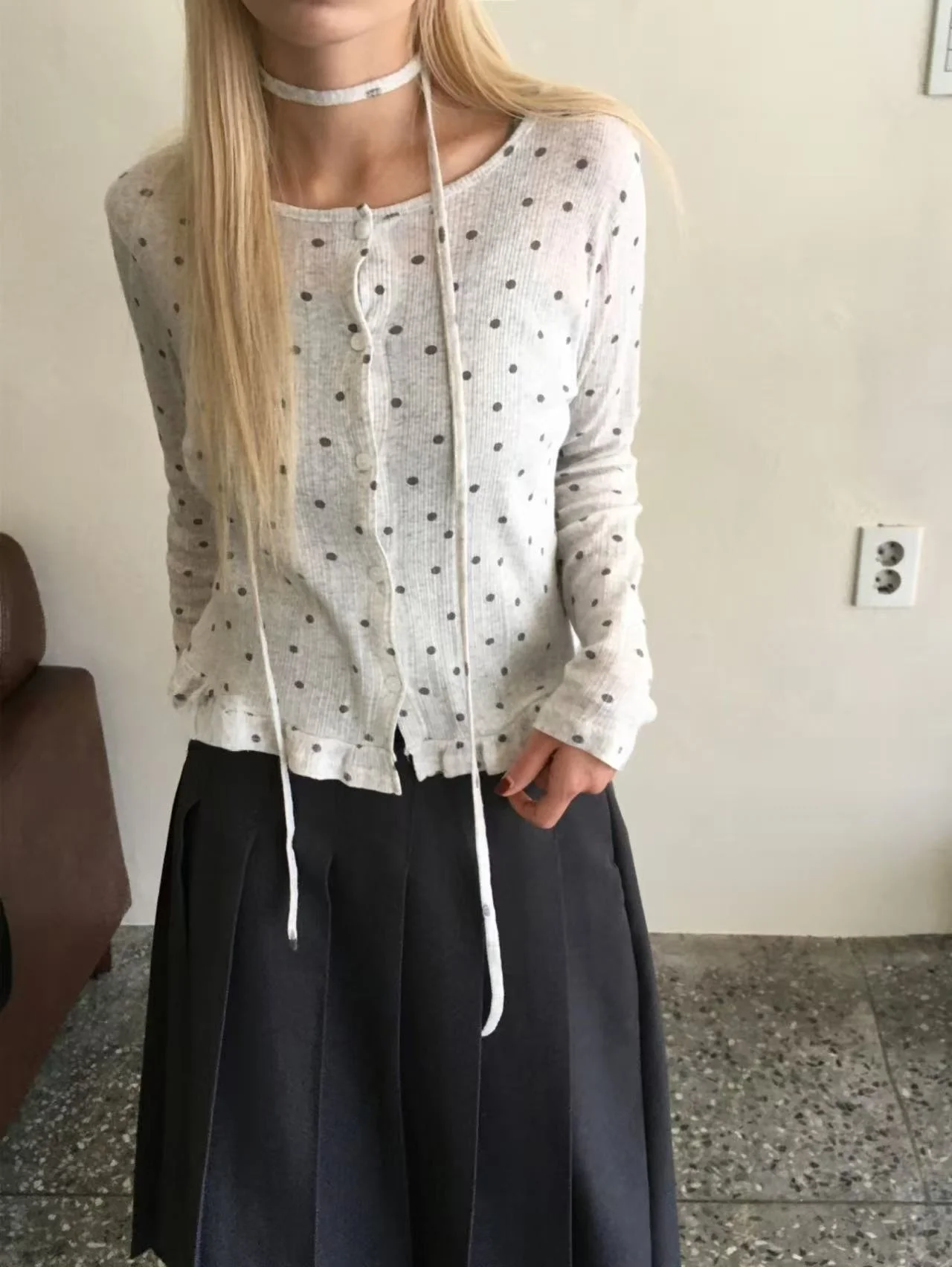 

Retro Japanese Polka Dot Lace Casual round Ne Open Cardigan Scarf Two Piece Set Top for Young Women Soft Knitted Sweater