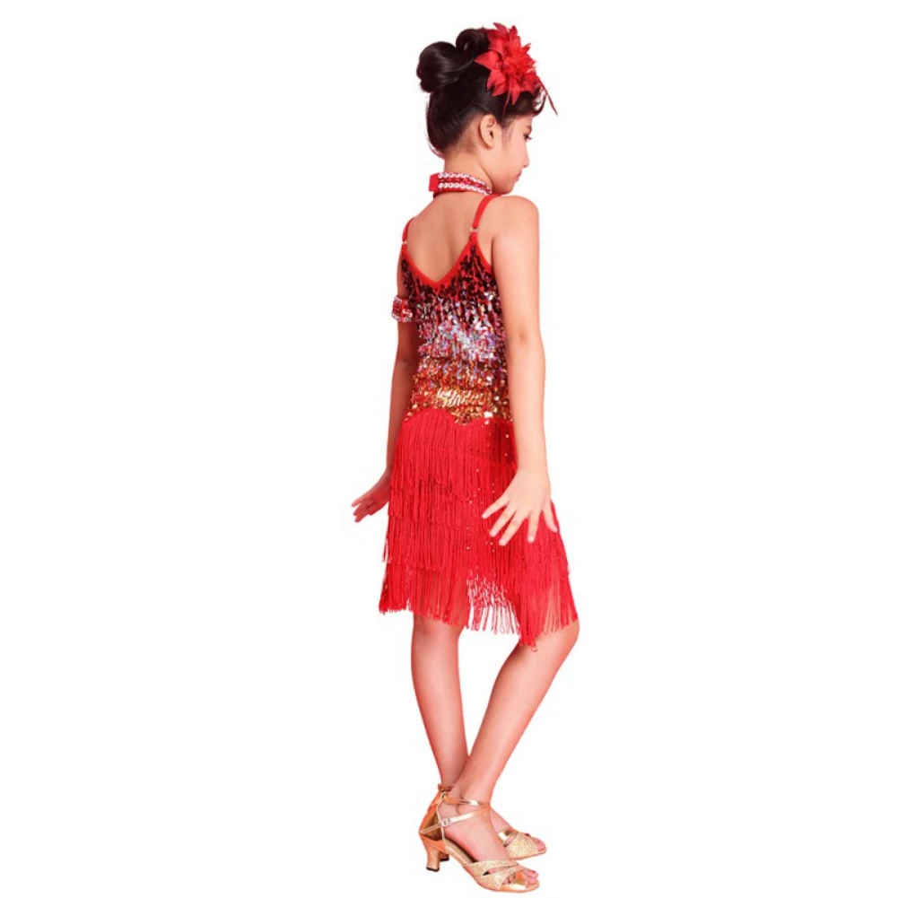 Children Sequined Latin Ballroom Dance Dress Girls Fringe Dancewear Costumes Performance Clothes