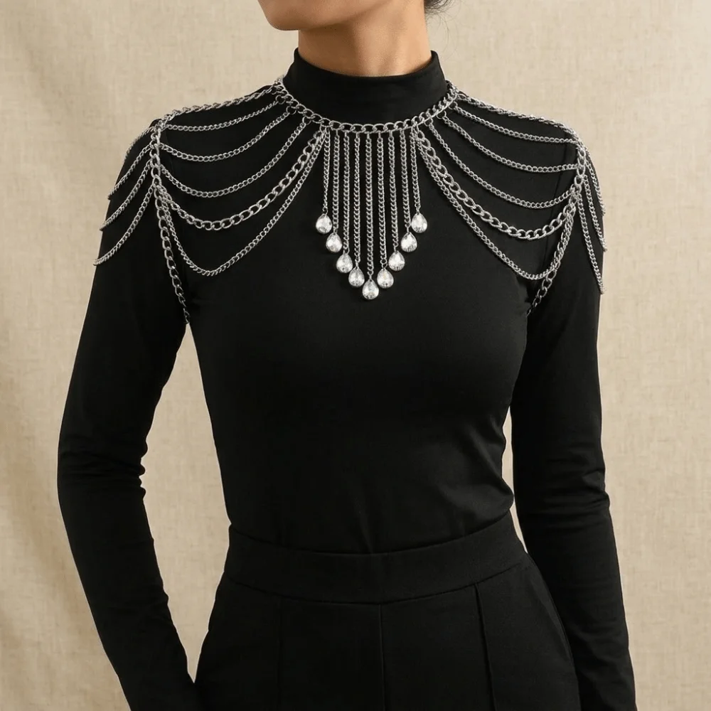 Metal Rhinestone Shoulder Necklace Gold/Silver Multi-layer Bridal Tassel Necklace Easy To Wear Arm Chain Women Shoulder Chain