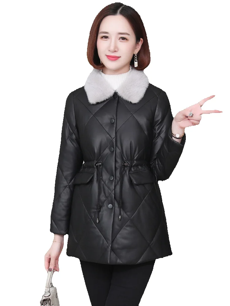 Jaket kulit asli untuk wanita, jaket kulit asli wanita, jaket bulu cerpelai kerah persegi Slim Fit bergaya