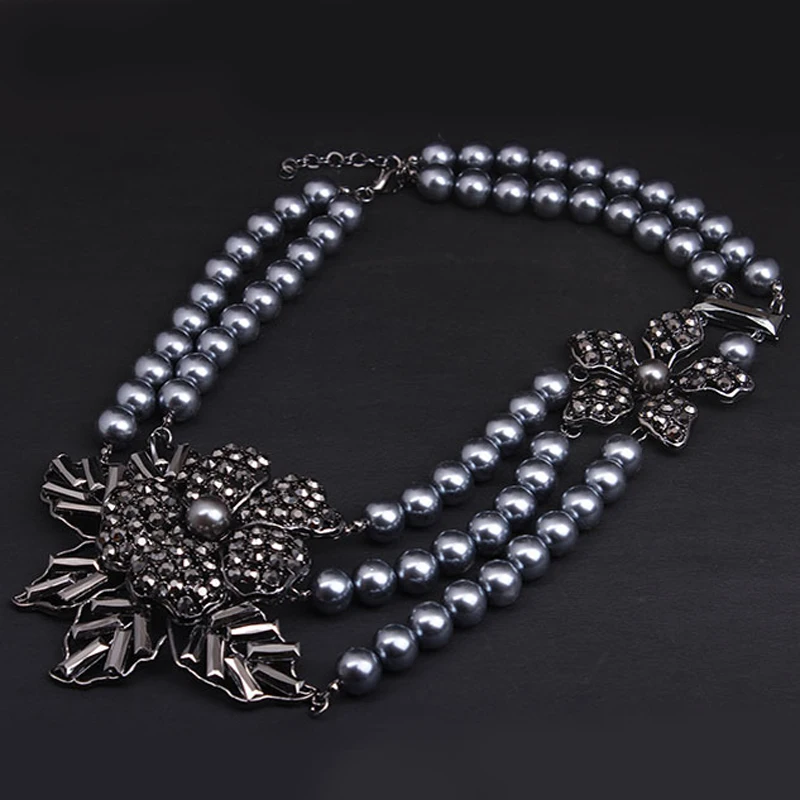 Ethnic Jewelry Big Statement Black Flower Gray Faux Pearl Beads Multi Strand Layered Bib Choker Collar Necklace for Women Party