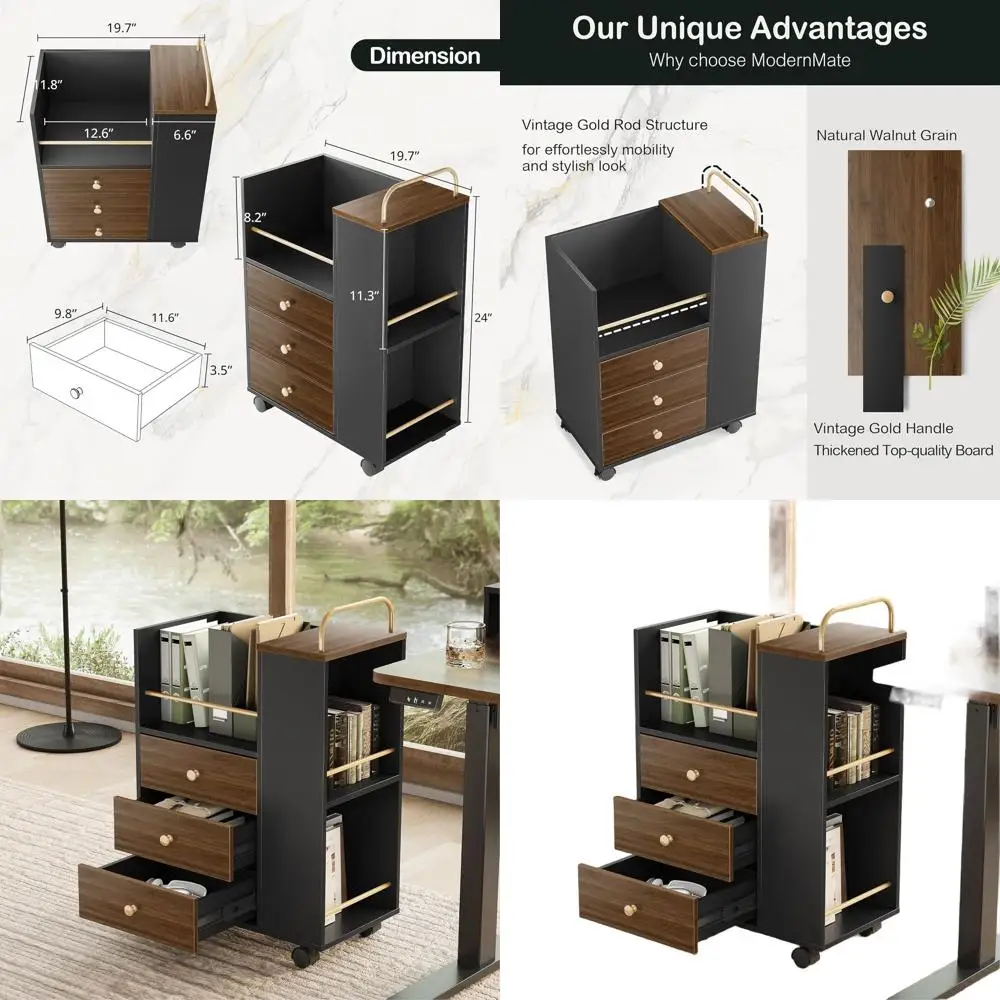 

Lockable Wood Rolling File Cabinet with 3 Drawers, Home Office Storage, A4/Legal Size, Black Walnut Finish