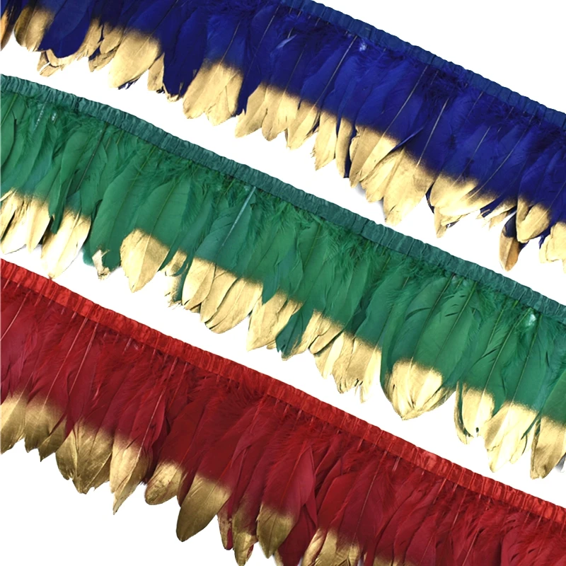 

2Meters Colorful Gold Silvery Goose Feathers Tassel Fringe Trim on Tape Ribbon Skirt Geese Sewing Ribbon Dress Decor Clothes DIY