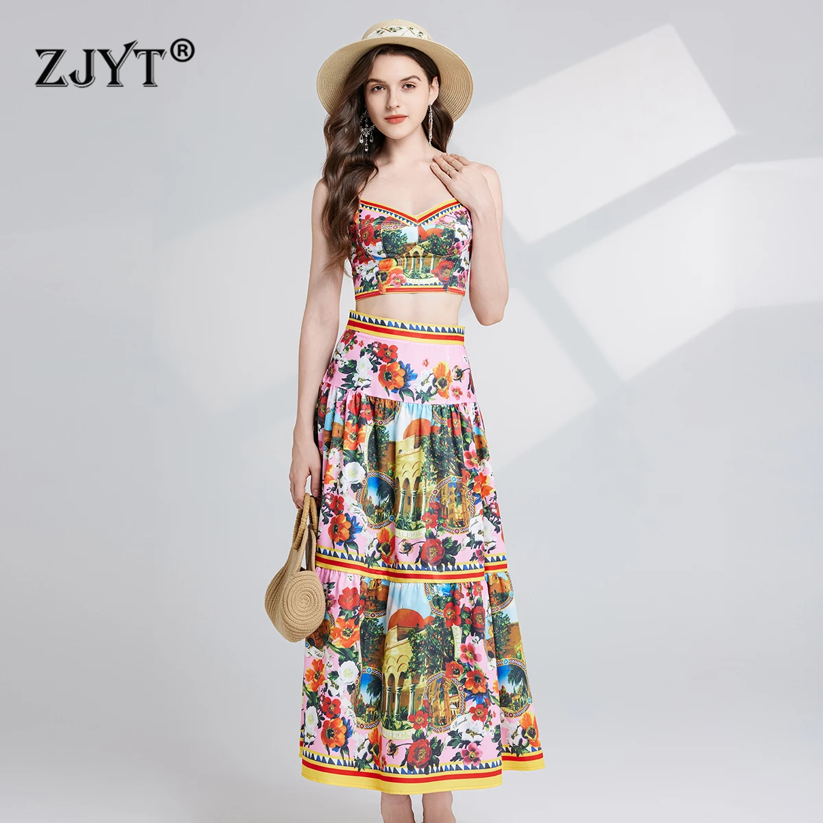 ZJYT Summer Runway 2025 Print Vintage Crop Top and Maxi Skirt Set 2 Piece for Women Vacation Outfit Sexy Casual Suit Dress Sets