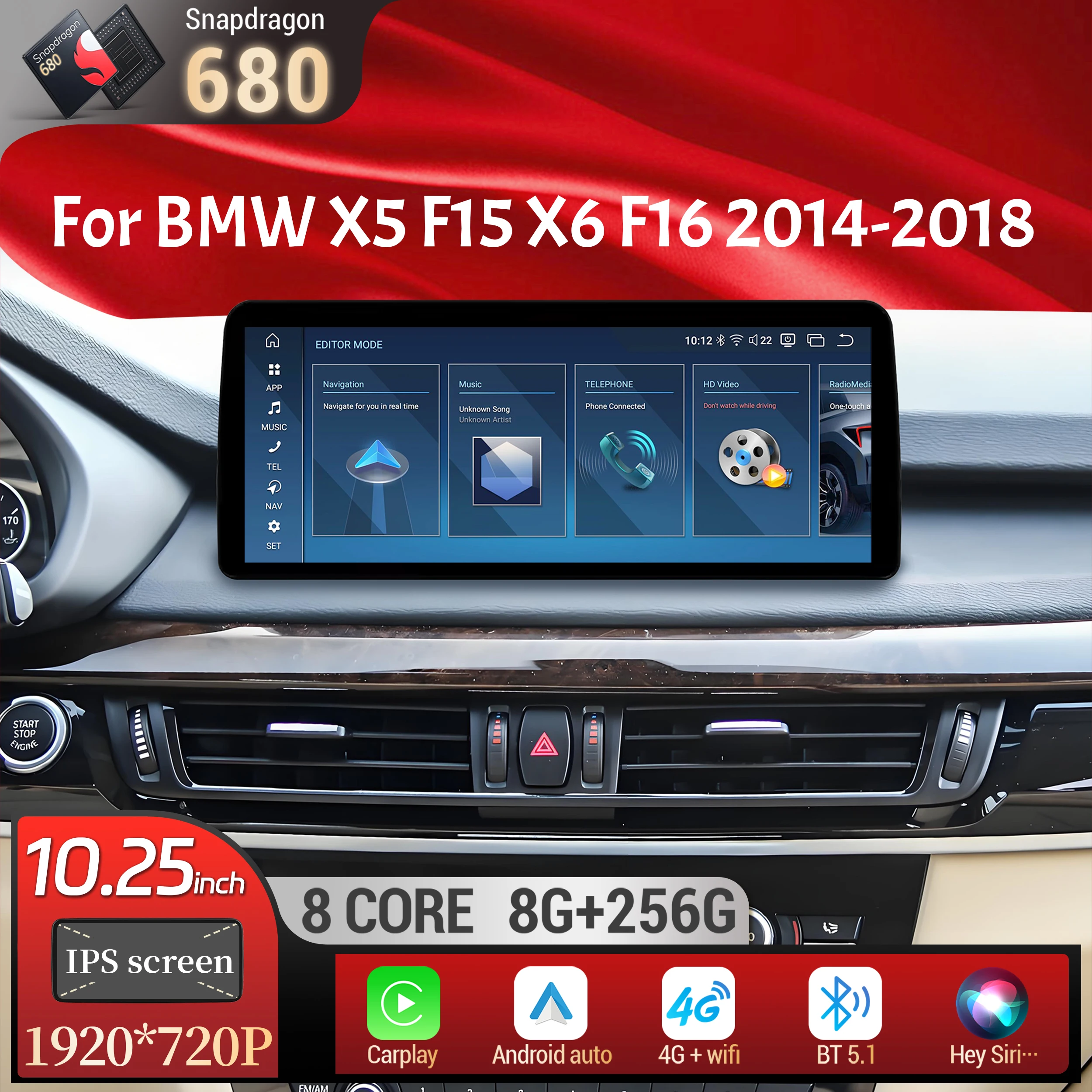 10.25 inch Android 13 For BMW X5 F15 X6 F16 2014-2018 Car Radio Wireless Bluetooth Carplay Head Unit Snapdragon 680 Touch Screen