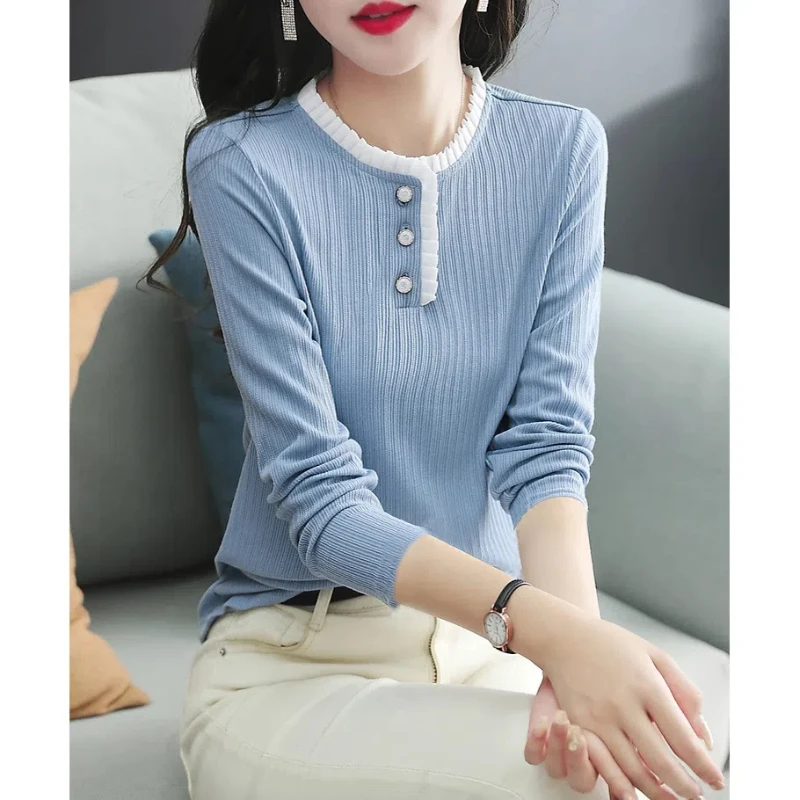 Spring Autumn Comfortable Sweet Solid Color Women\'s Clothing Round Neck Pullover Patchwork Long Sleeve T-shirt Casual Tops