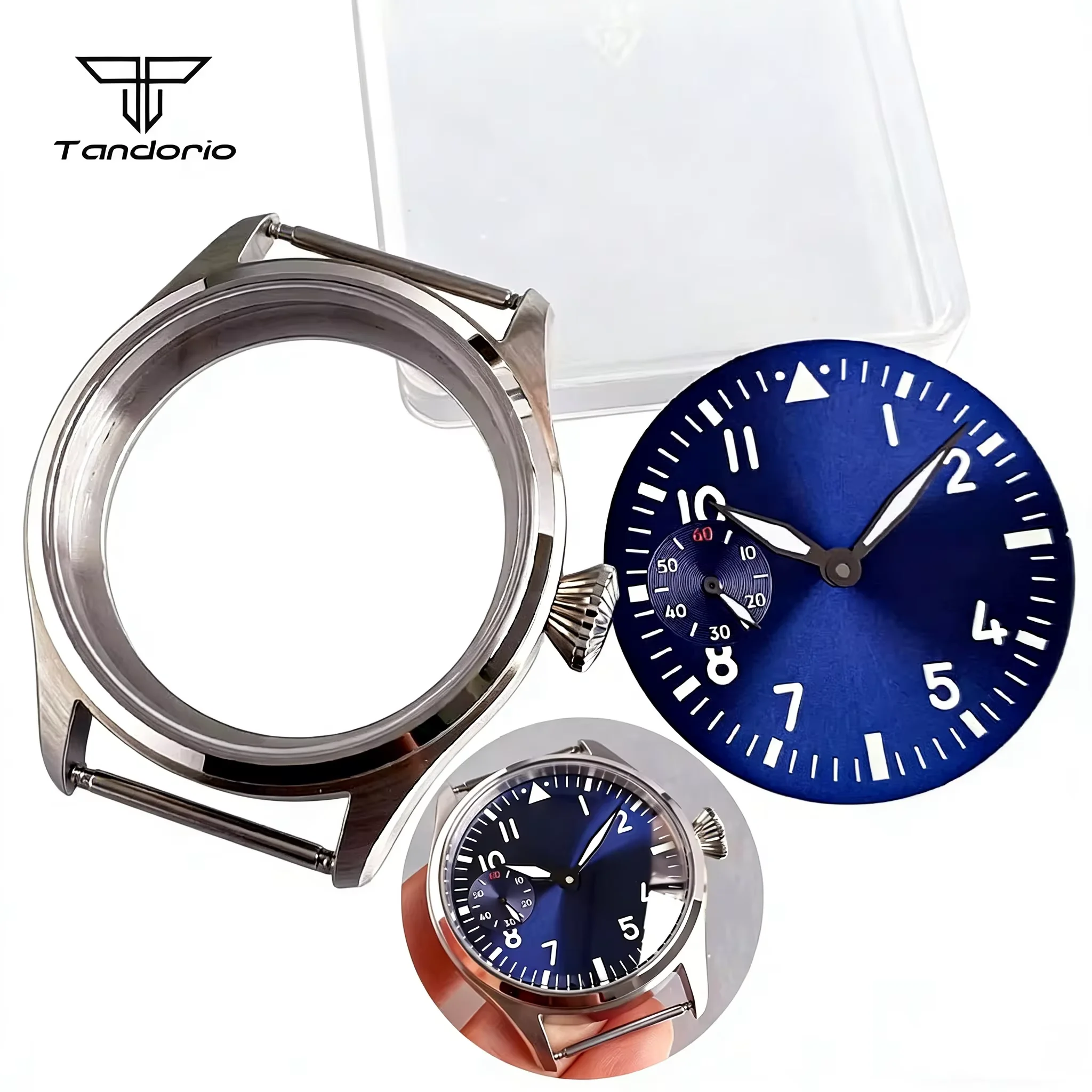 Mechanical Sapphire 42mm Pilot Style Watch Case+Dial Set Fit ETA6497 ST3600 Hand Winding Movt Exhibition Back Wristwatch Parts
