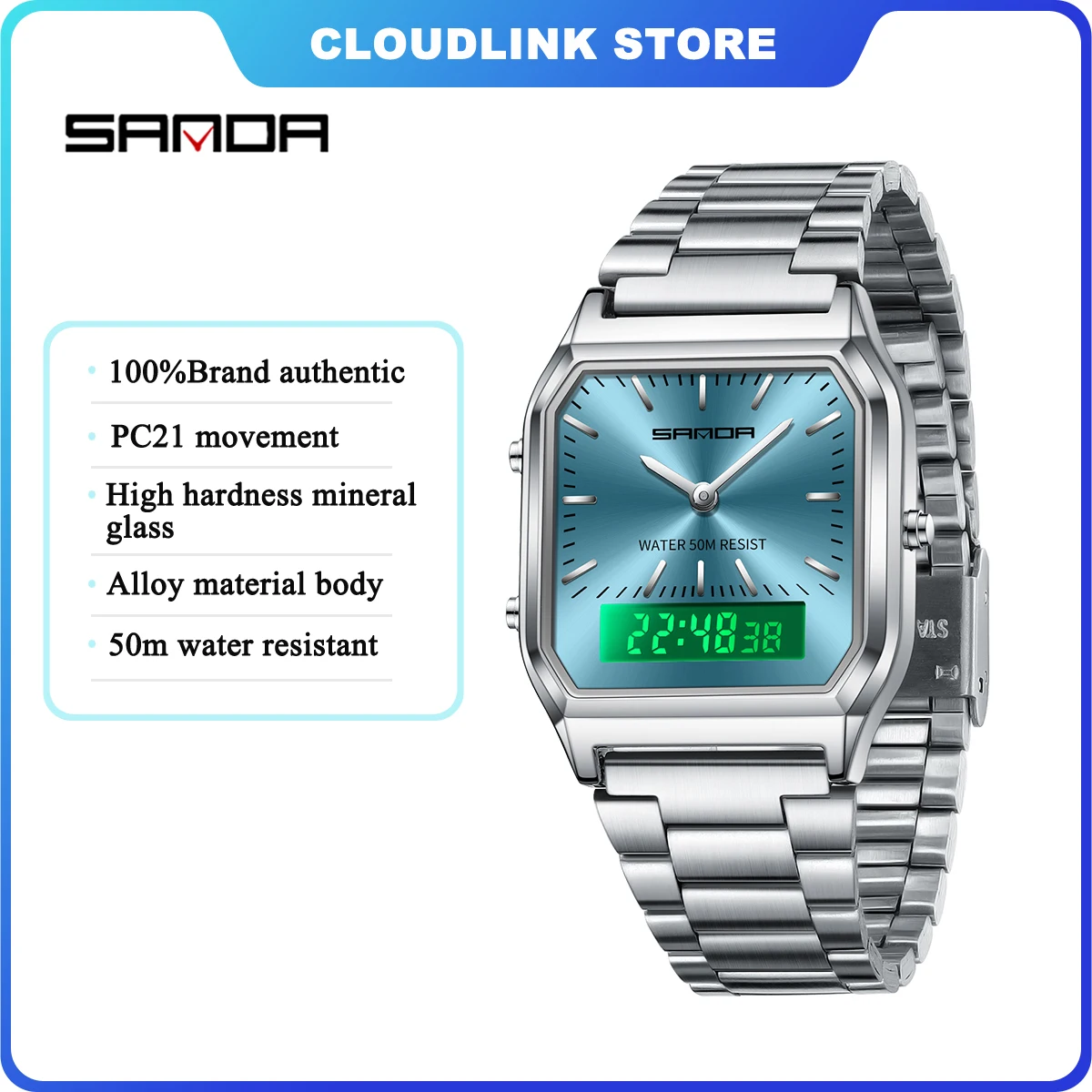 SANDA 747 Luxury Mens G Style Watches Stainless Steel Women LED Digital Dual Display Clock Unisex Waterproof Sports Quartz Watch