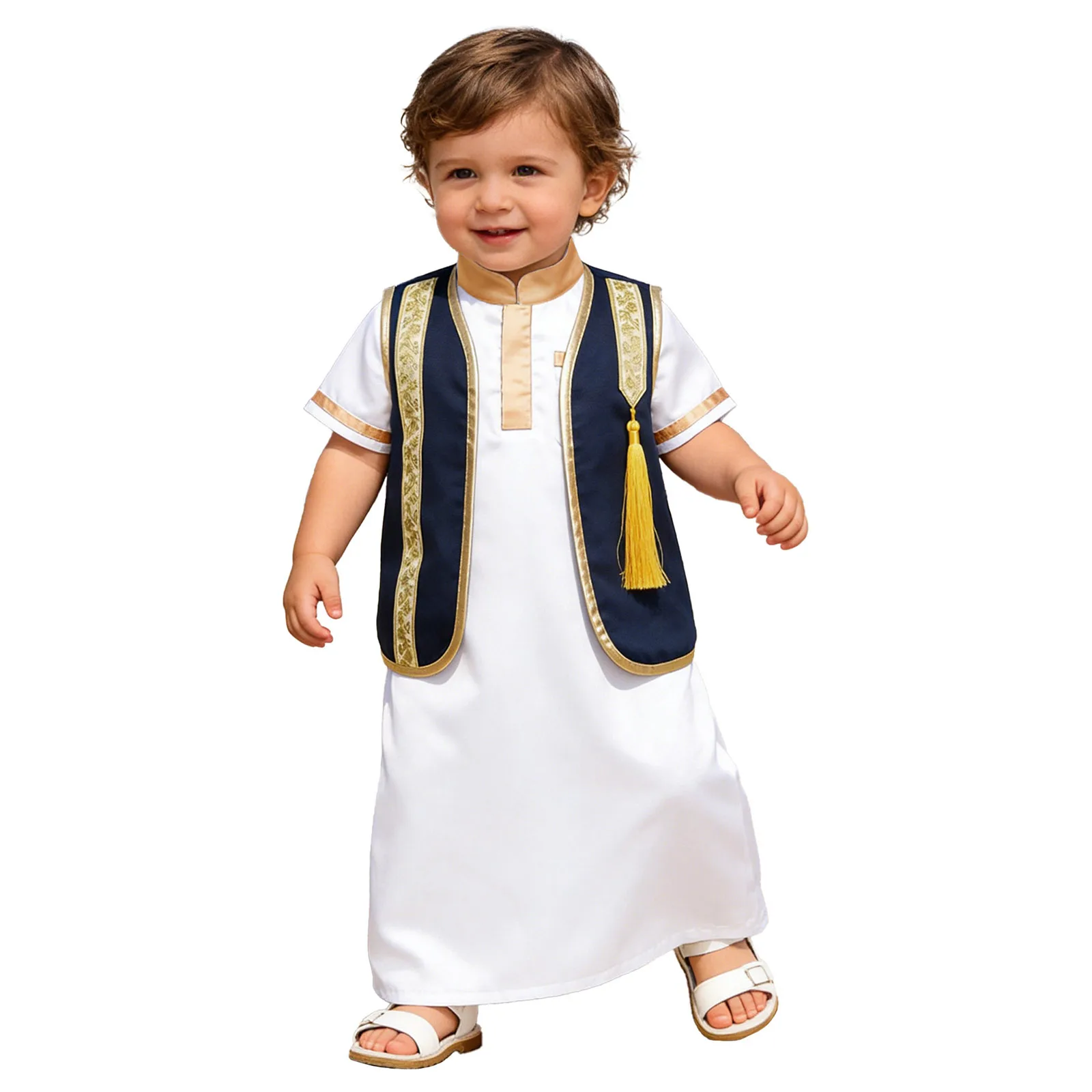 Muslim Baby Boys Vest Tops Arabic Dubai Islamic Ramadan Eid Waistcoat Vintage Brocade Metallic Trim Tassel Open Front Tanks Top