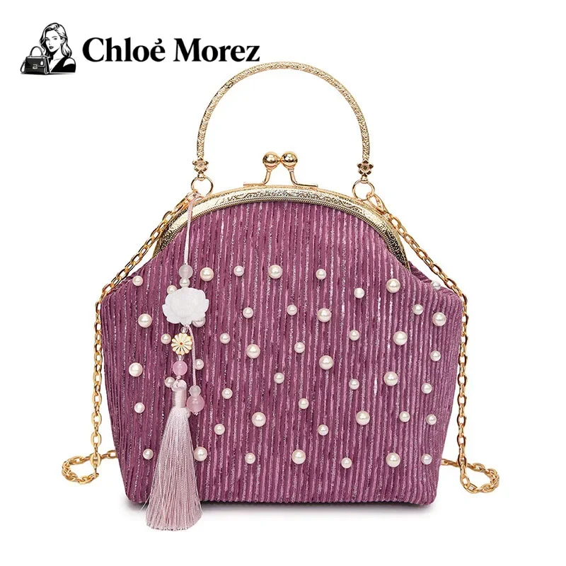 

New Chinese Style Small Bag, Fashionable Tassel Shoulder Bag, Women's Versatile Pearl Crossbody Clip Buckle Shell Bag