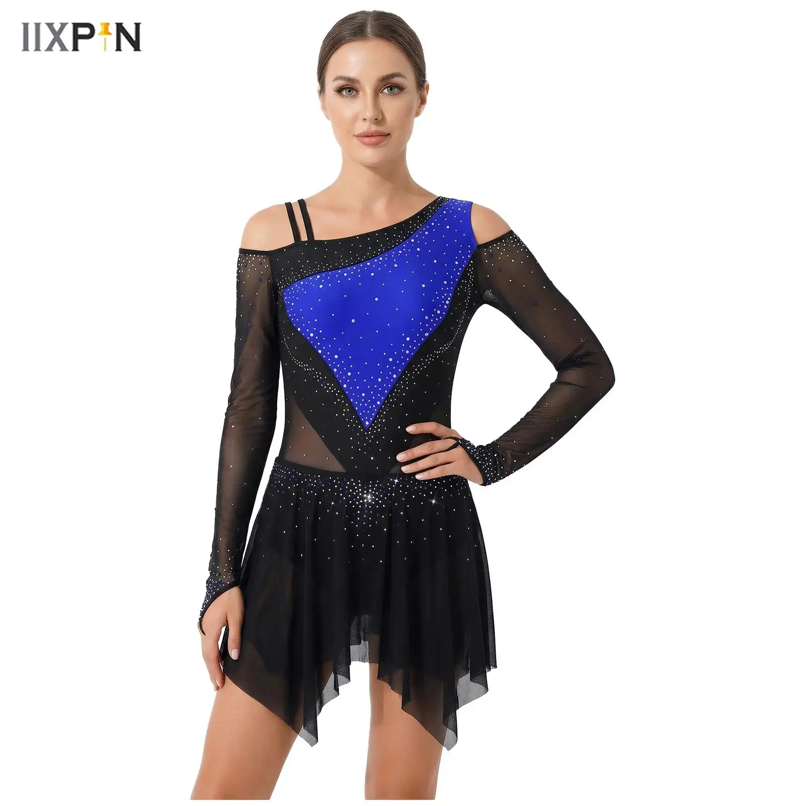 

Womens Figure Skating Dress Rhinestone Asymmetrical Shoulder Long Sleeve Irregular Tiered Mesh Hem Bodysuit Dress Dancewear