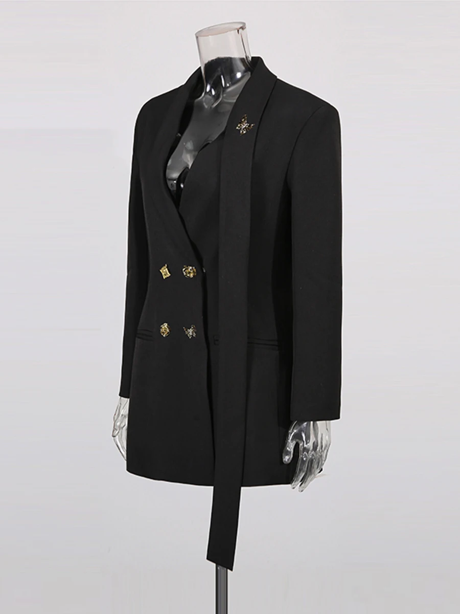 VGH Zwart Office Chic Patchwork Metalen Pin Jas voor Vrouwen Revers Lange Mouw Gesplitst Double Breasted Temperament Blazer Vrouwelijke Nieuw