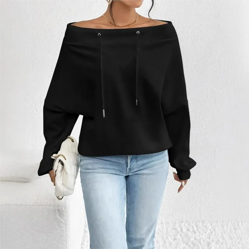 

2025 new hoodie women's sudadera sexy loose casual drawstring off shoulder straight neck top abbigliamento donna autunno