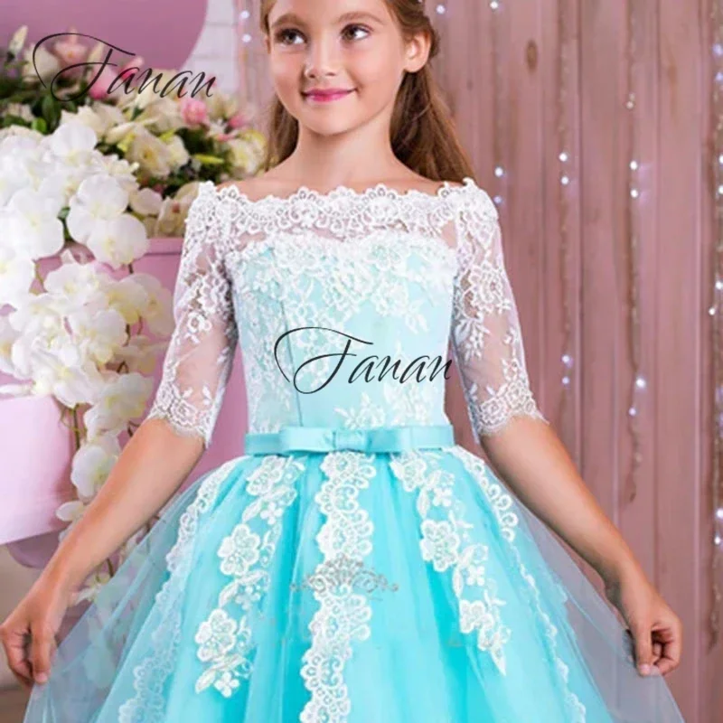 Personalizado requintado barco pescoço vestidos da menina de flor até o chão apliques primeira comunhão rosa verde manga curta aniversário do bebê