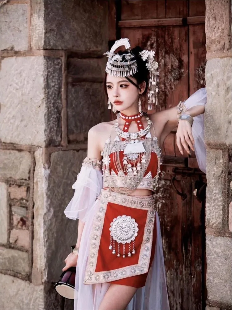 

New red ethnic style exotic travel photography clothing set