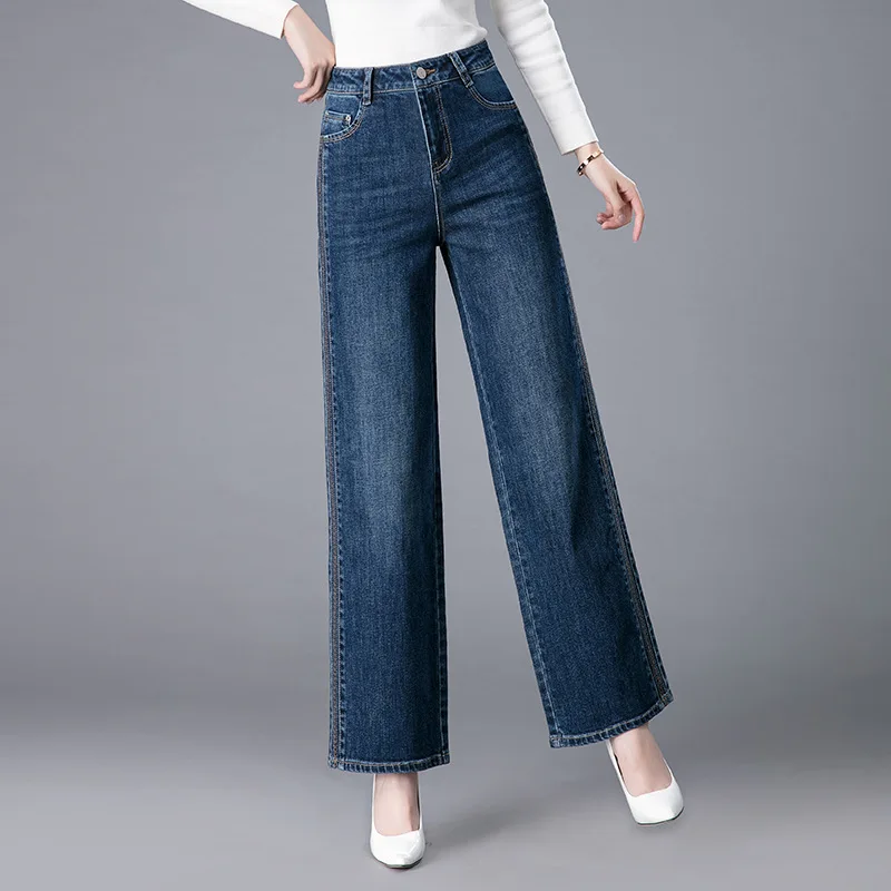 

Широкие джинсы для женщин с вышивкой, новые весенне-осенние свободные прямые утягивающие высокие брюки длиной до пола с высокой талией