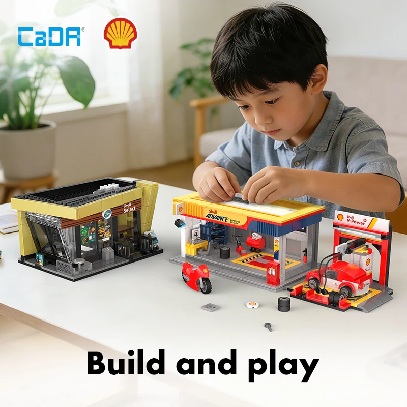 Cada City View Store Gas Station Modular Cafe Building Blocks Sports Car Shell Retail Station Brick Model Kit for Adults Gift