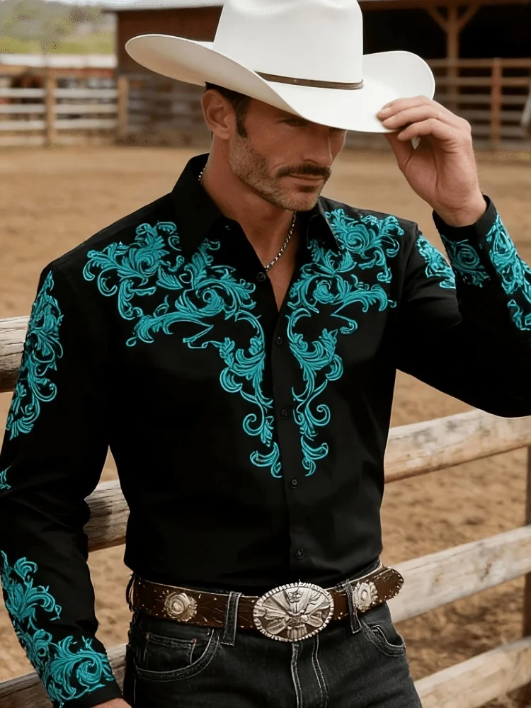 Men's Western cowboy style long sleeved shirt with retro turquoise pattern lapel shirt, American countryside casual men's top