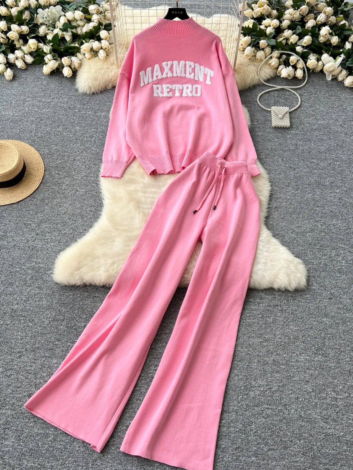 Laid-back Style Women's Knitted Sweater Set Mid-neck Letter Embroidery High-waist Wide-leg Pants Casual All-match Autumn Fashion