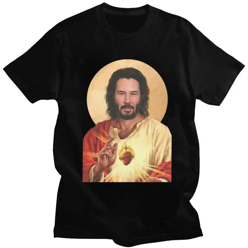 Custom Saint Keanu Reeves T Shirts Men 100% Cotton Tee Tops Meme Jesus John Wick Tshirts Short-Sleeve Casual T-shirt