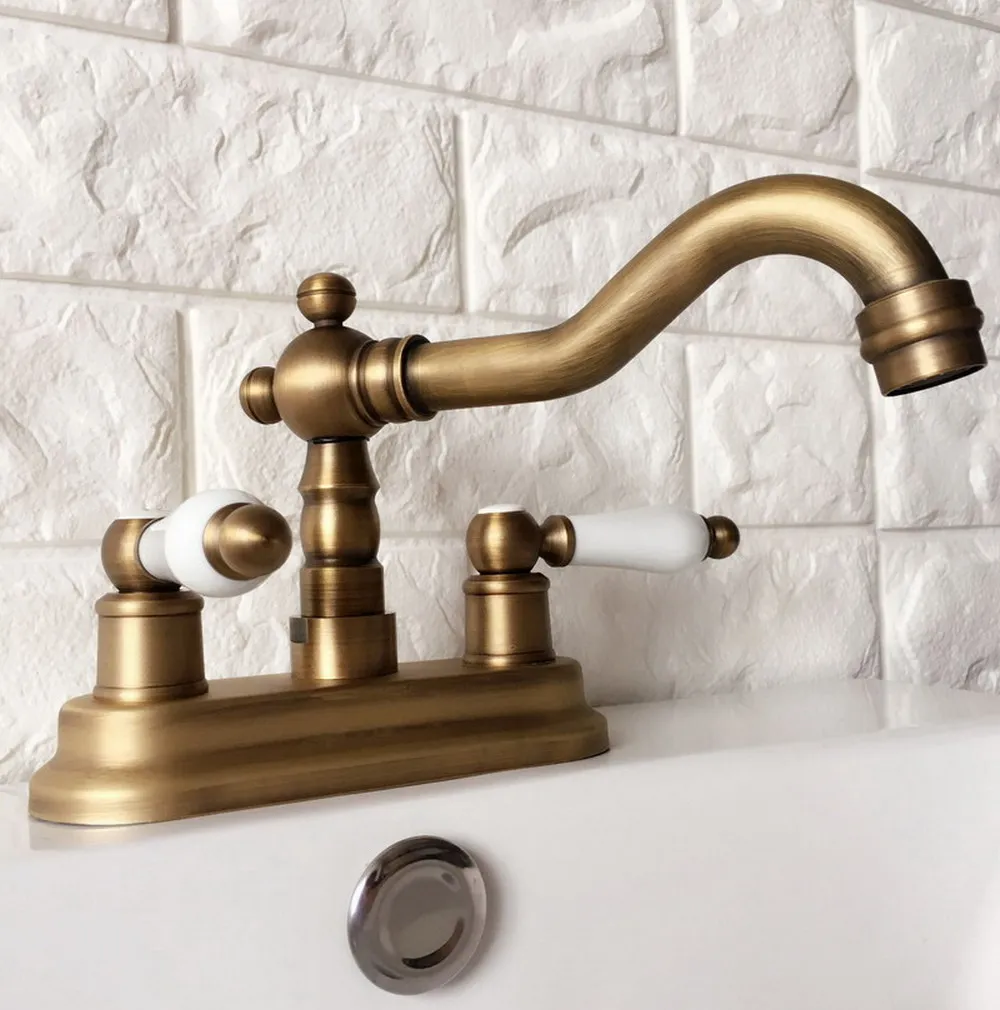 

Antique Brass 2 Hole Deck Mounted Dual Handle Bathroom Faucet Swivel Spout Faucets Washbasin Mixer Vessel Sink Taps Lan062