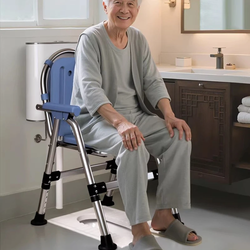 Foldable Stainless Steel Commode Chair for Elderly, Portable Toilet with Backrest, Non-Slip Waterproof Bedside, Home Care Use