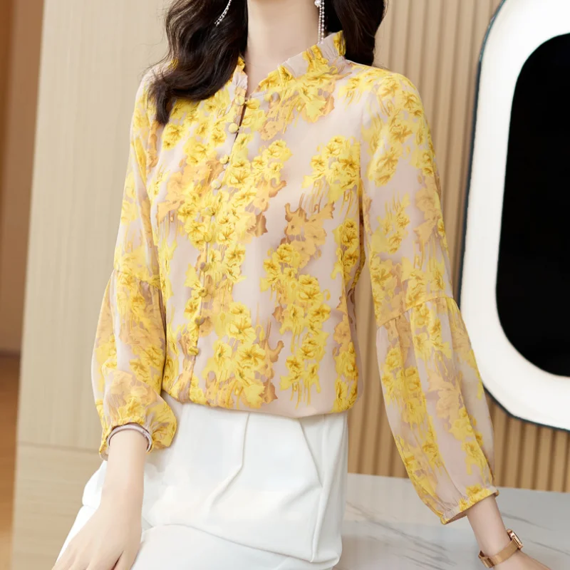 Fashion Woman 2023 Blouse Sleeveless Half High Collar Spring Autumn Slim Casual Fashion Lantern Sleeve Printed Shirt