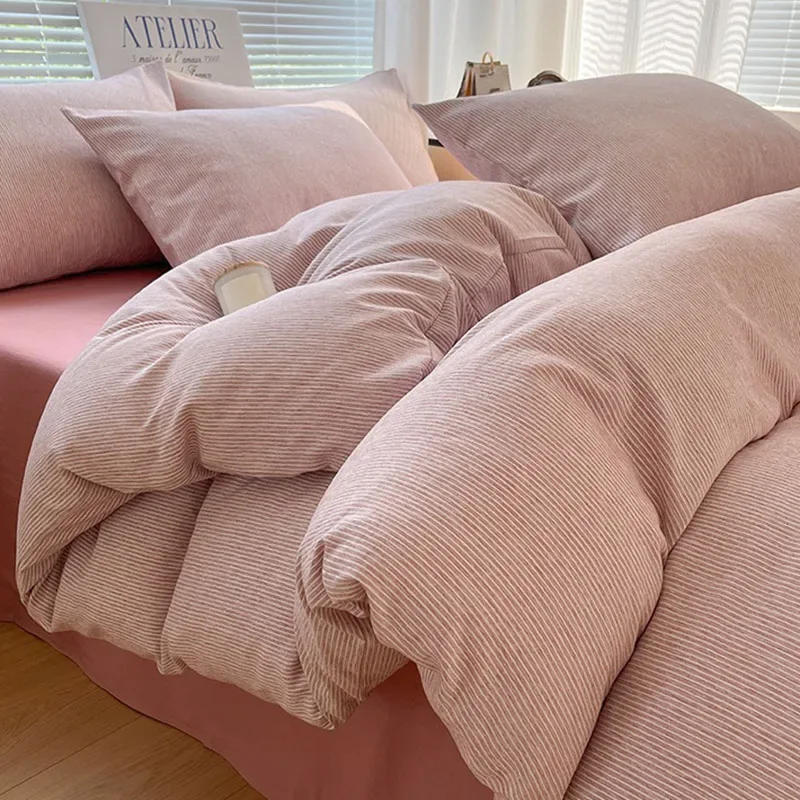 European Solid Color Pinstripe Bedding Set Skin-Friendly Soft Quilt Cover Kit with Sheets Luxury Cozy Bed Linens for Naked Sleep