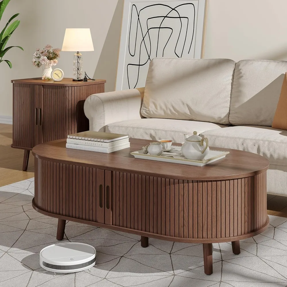 Stolik kawowy w stylu mid-century modern z przesuwanymi drzwiami i ukrytym schowkiem z rowkami do salonu, dekoracja domu, meble funkcjonalne, USA