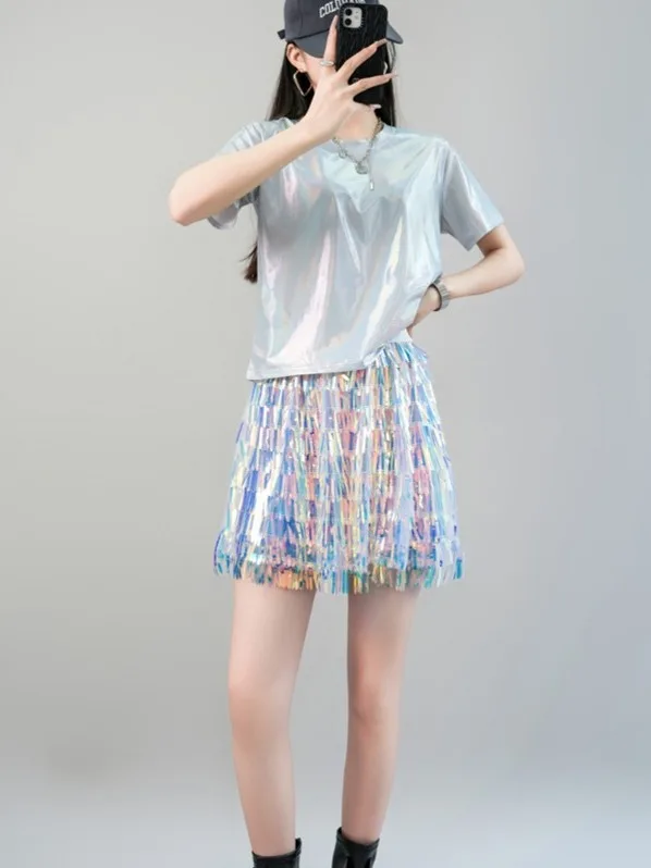 Shiny Silver Short Sleeve Dance Performance Outfit Fashionable Jazz Dance Show Costume for Women's Group Stage Performance Cl...