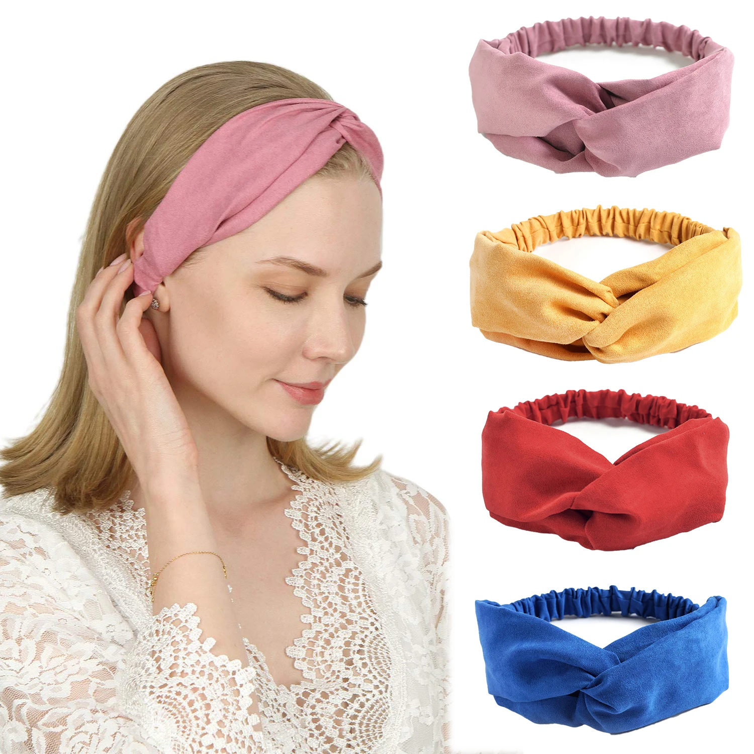 Twisted Criss Cross Elastic Headbands Solid Color Vintage Suede Fabric Hair Bands For Women Non Slip Yoga Workout Head Wraps