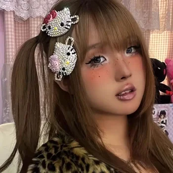 Horquilla kawaii de Hello Kitty de Anime Kt, pinza para el pelo con diamantes de imitación brillantes Y2K, pasadores para niñas, accesorios, pinza para el pelo, tocado, regalo