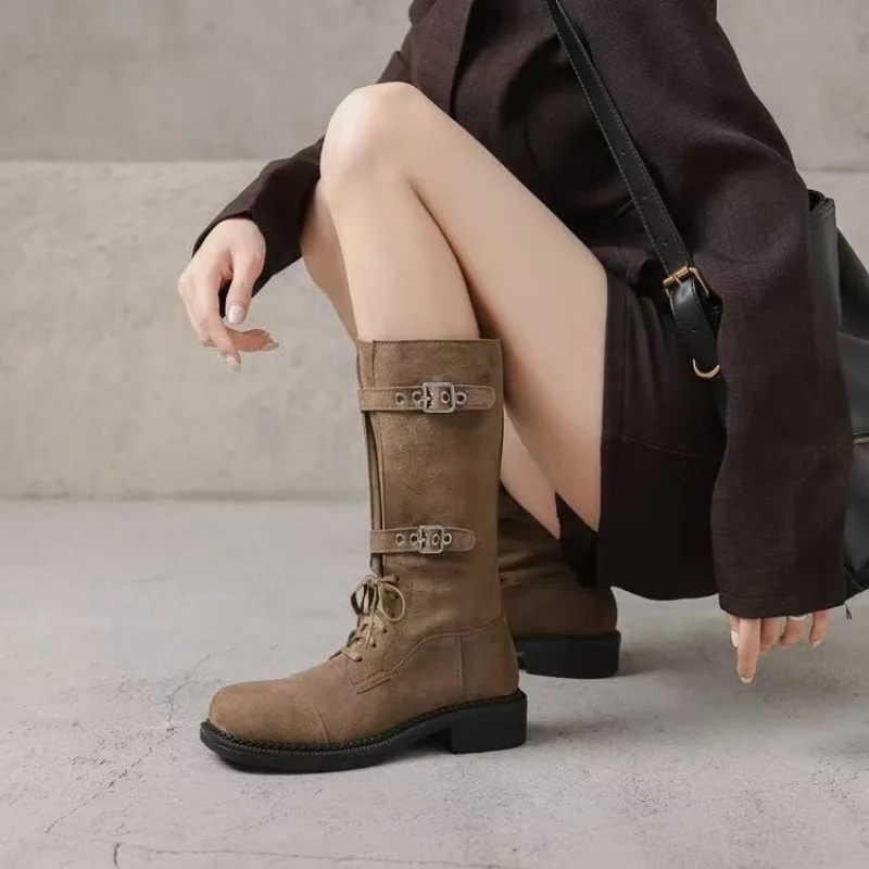 

Autumn Platform Lace Up Knight Boots Round Toe Pull-on Chunky Heels Belt Buckle Knee High Boots Motercycle Boots Plus Size 42 43