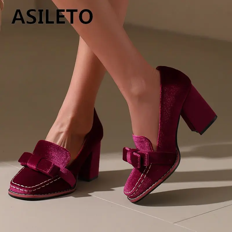 

ASILETO New Classic Women Pumps Square Toe Flock Suede Slip On Loafers Bowknot Plus Size 45 46 47 48 Soft Fashion Daily Shoes