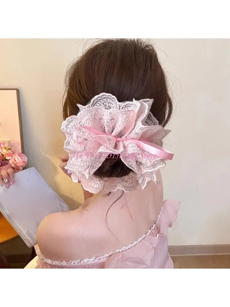 N5KF Elegant Hair Scrunchies Lace Ribbon Hair Tie Drawstring For Low Ponytail Hairstyles Perfect For Fashionable Women