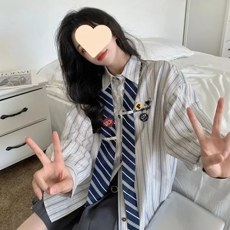 

Корейские винтажные полосатые рубашки, женские весенние новые свободные блузки с длинными рукавами Y2k, однобортные однобортные Blusas Mujer для девочек