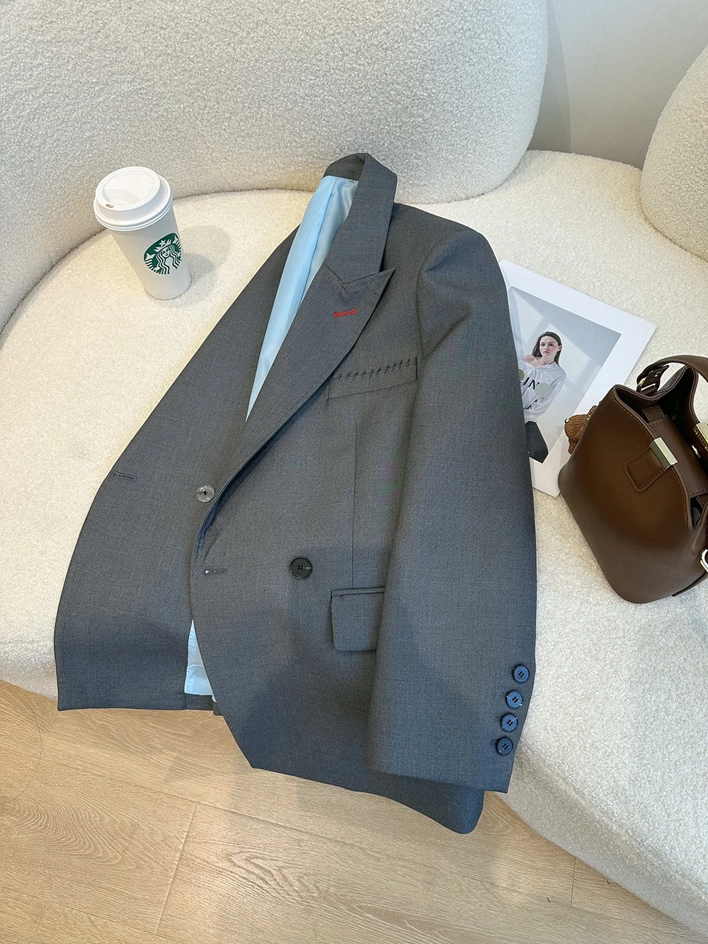 Gray Suit Jacket Women Loose Fashionable Korean Style Spring Casual Long Sleeve Classic Collar Slimming High-End Feeling