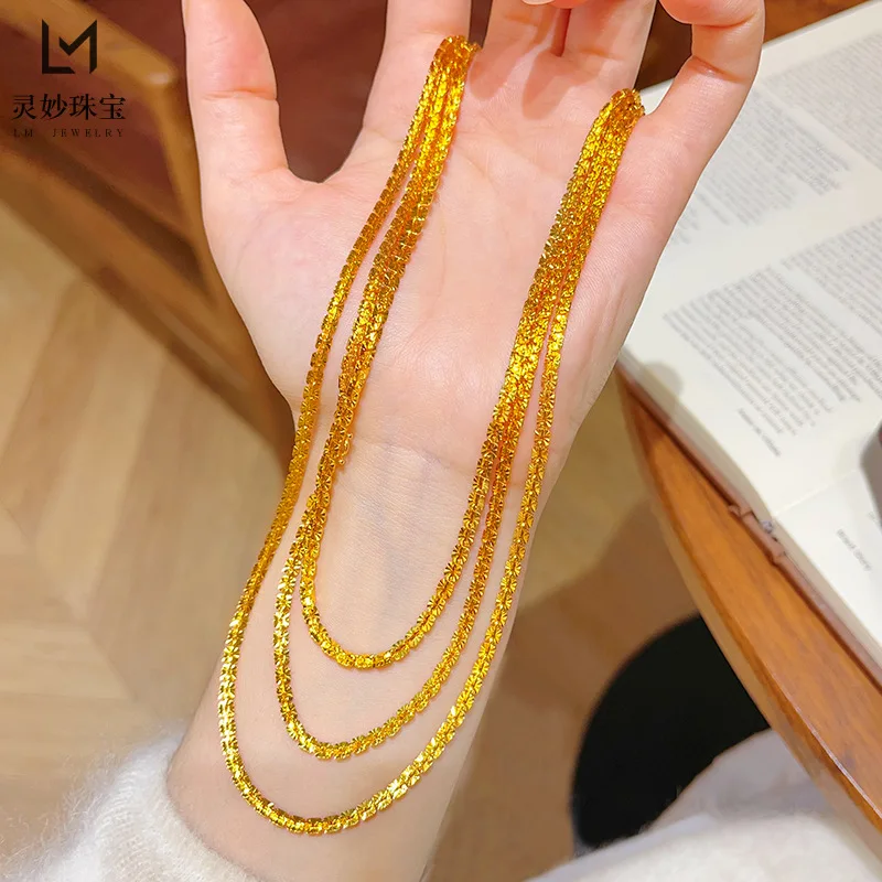 

24K real gold flashing cross car flower gypsophila 9999 plain chain shiny broken gold pendant necklace exquisite gift