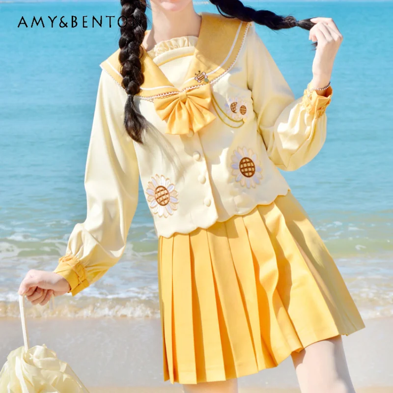 2024 New Japanese JK Uniform Original Preppy Style Sailor Outfits Autumn Yellow Color Long Sleeve Top Pleated Skirt Set For Girl