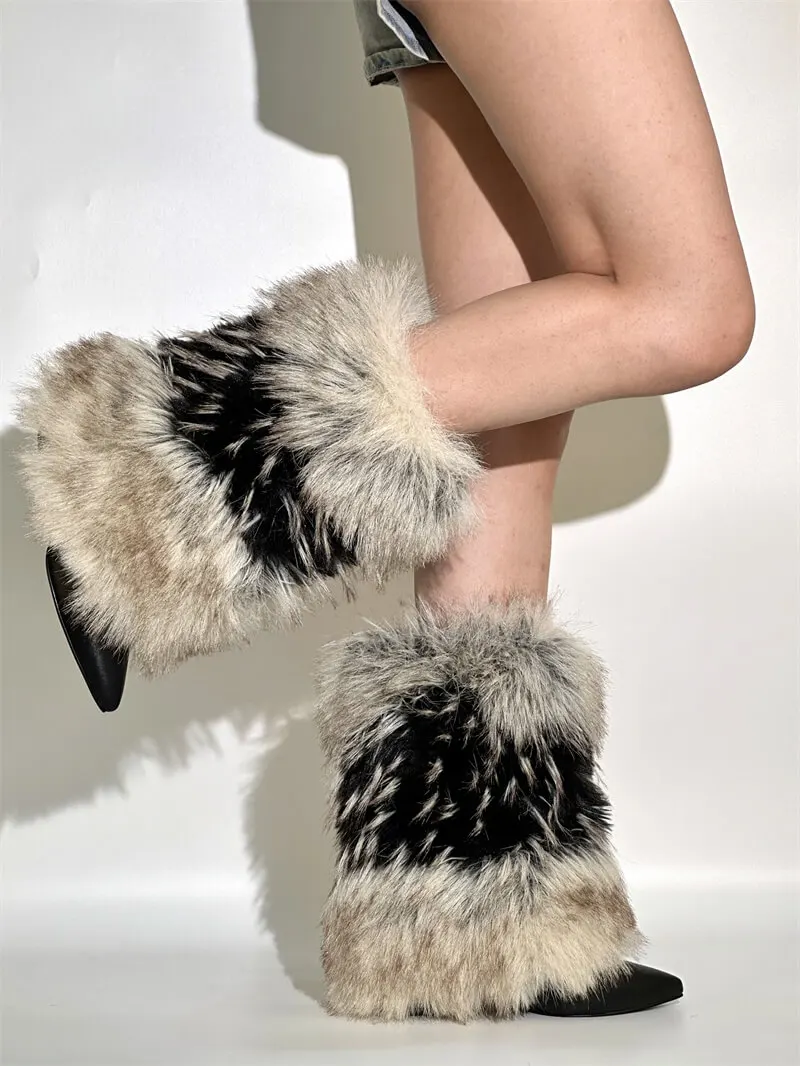 

Onlymaker Women Faux Fur Fold Over Boots Round Toe Handmade Fashion Female Mid-Calf Boots