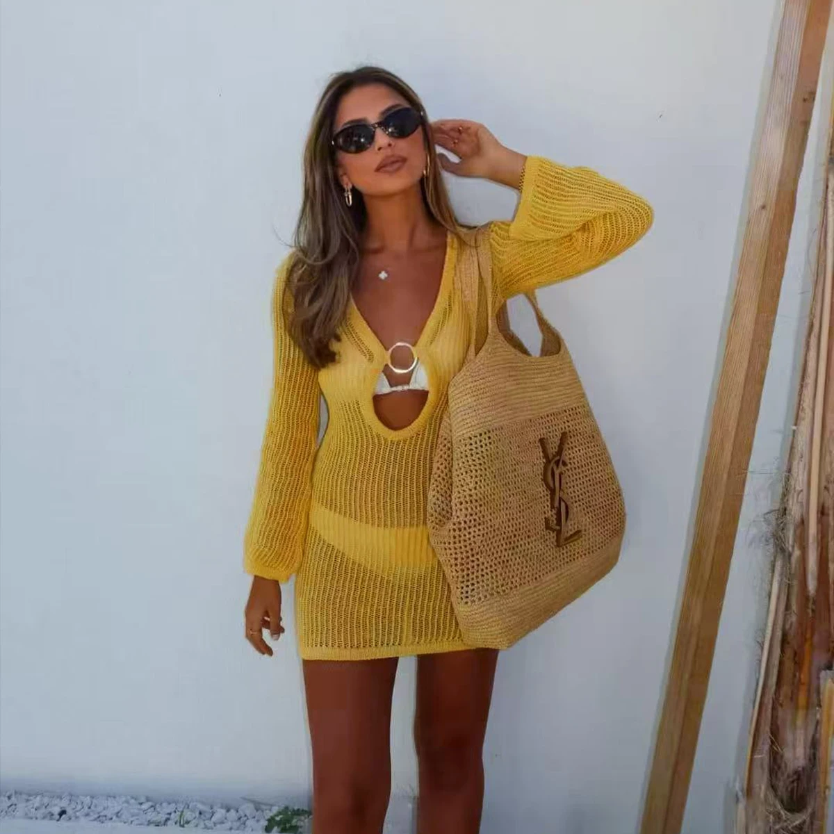 Women's Casual Knit Short Dress, Long Sleeve Hollow Out Texture Beach Cover-Up Dress, Plain Fitted Design, Perfect for Summer