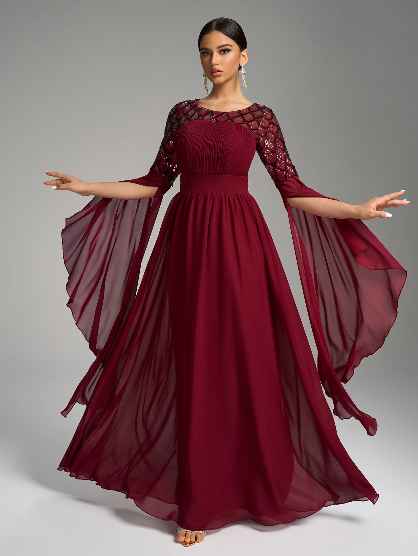 UNITHORSE جولة الرقبة أعلى مطوي جرس الكفة كم طويل الترتر لصق الشيفون الطابق طول مساء اللباس